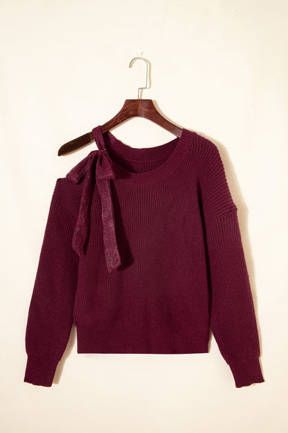 Lace Bowknot Asymmetric Neck Sweater