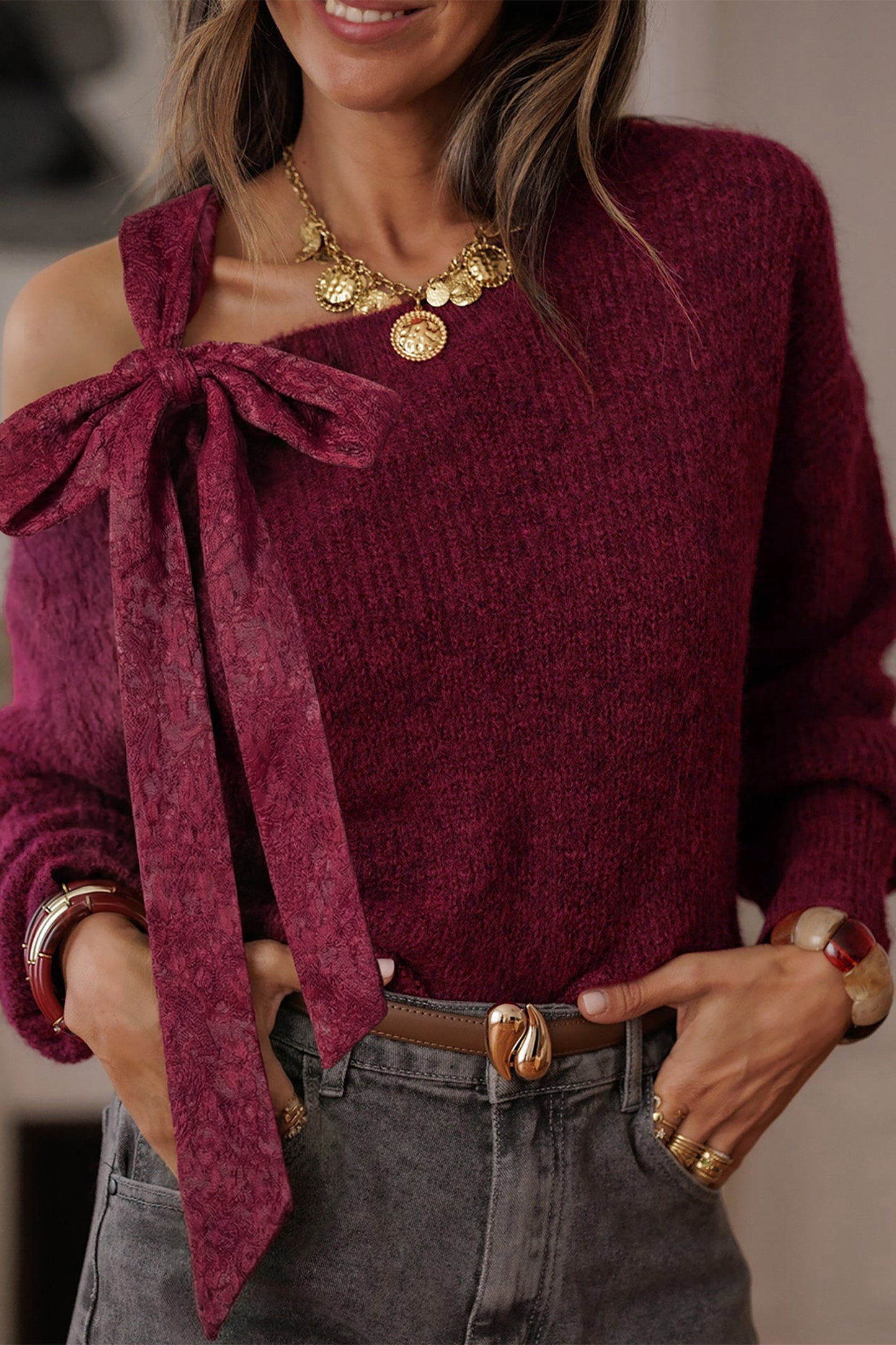Lace Bowknot Asymmetric Neck Sweater