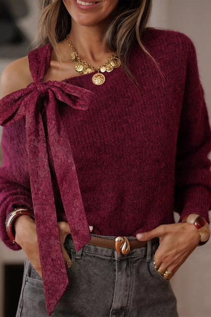 Lace Bowknot Asymmetric Neck Sweater
