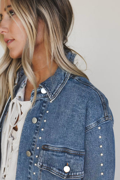 Rivet Embellished Long Sleeve Denim Shacket