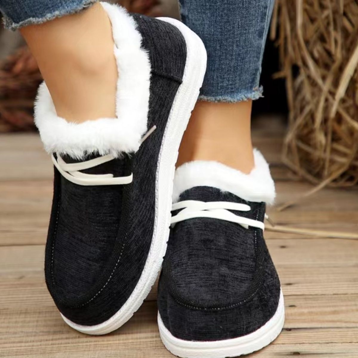 Women's Lace Up Round Toe Furry Sneakers