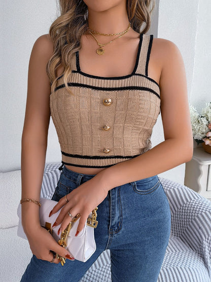 Cropped Decorative Button Wide Strap Knit Cami