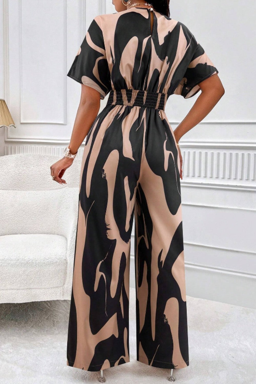 Printed V-Neck Short Sleeve Wide Leg Jumpsuit