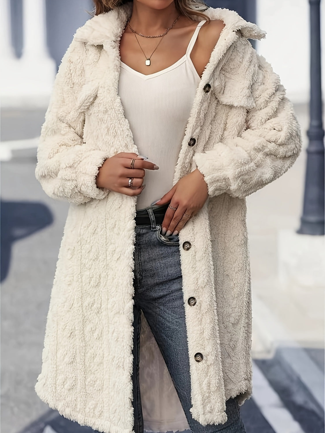 Women's Fuzzy Button Up Long Sleeve Longline Coat