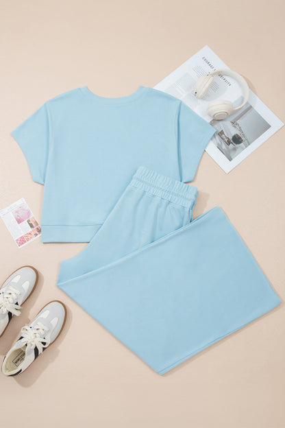Ribbed Trim Top and Drawstring Loose Pants Set