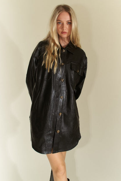 Faux Leather Button Up Jacket with Chest Pockets