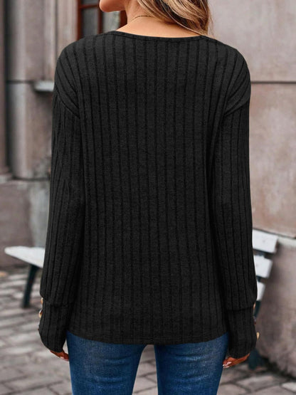 Ribbed V-Neck Long Sleeve Top