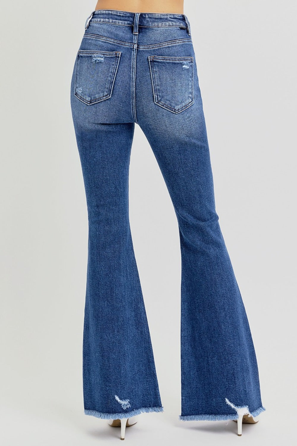 High Rise Distressed Raw Hem Flare Jeans