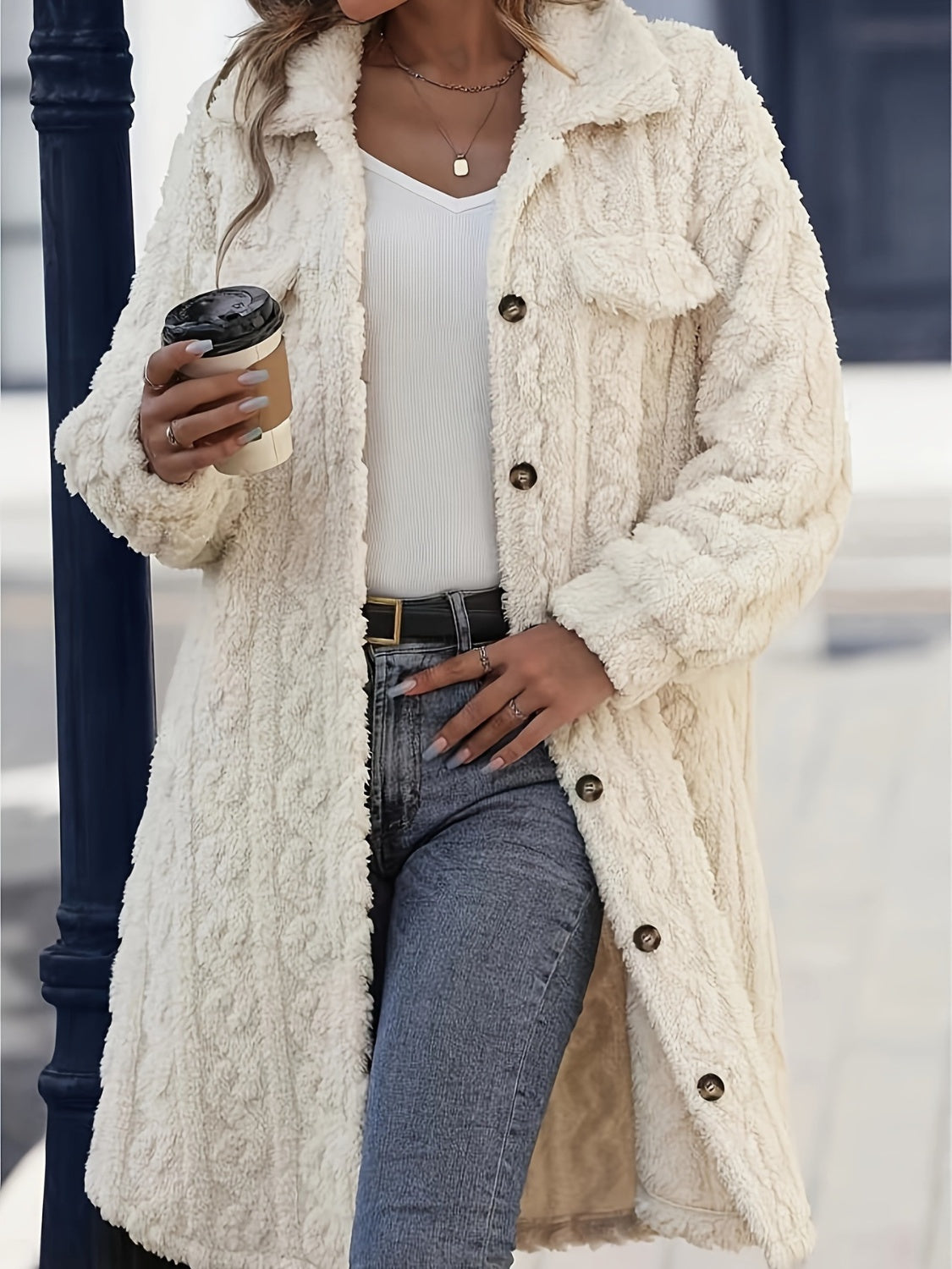 Women's Fuzzy Button Up Long Sleeve Longline Coat