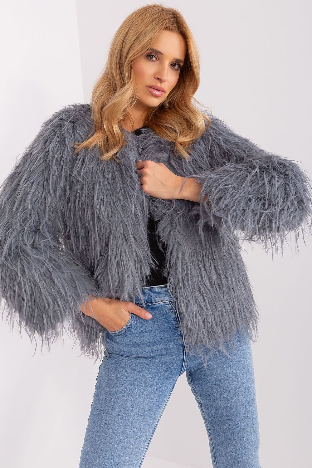 Hook Closure Furry Long Sleeve Jacket