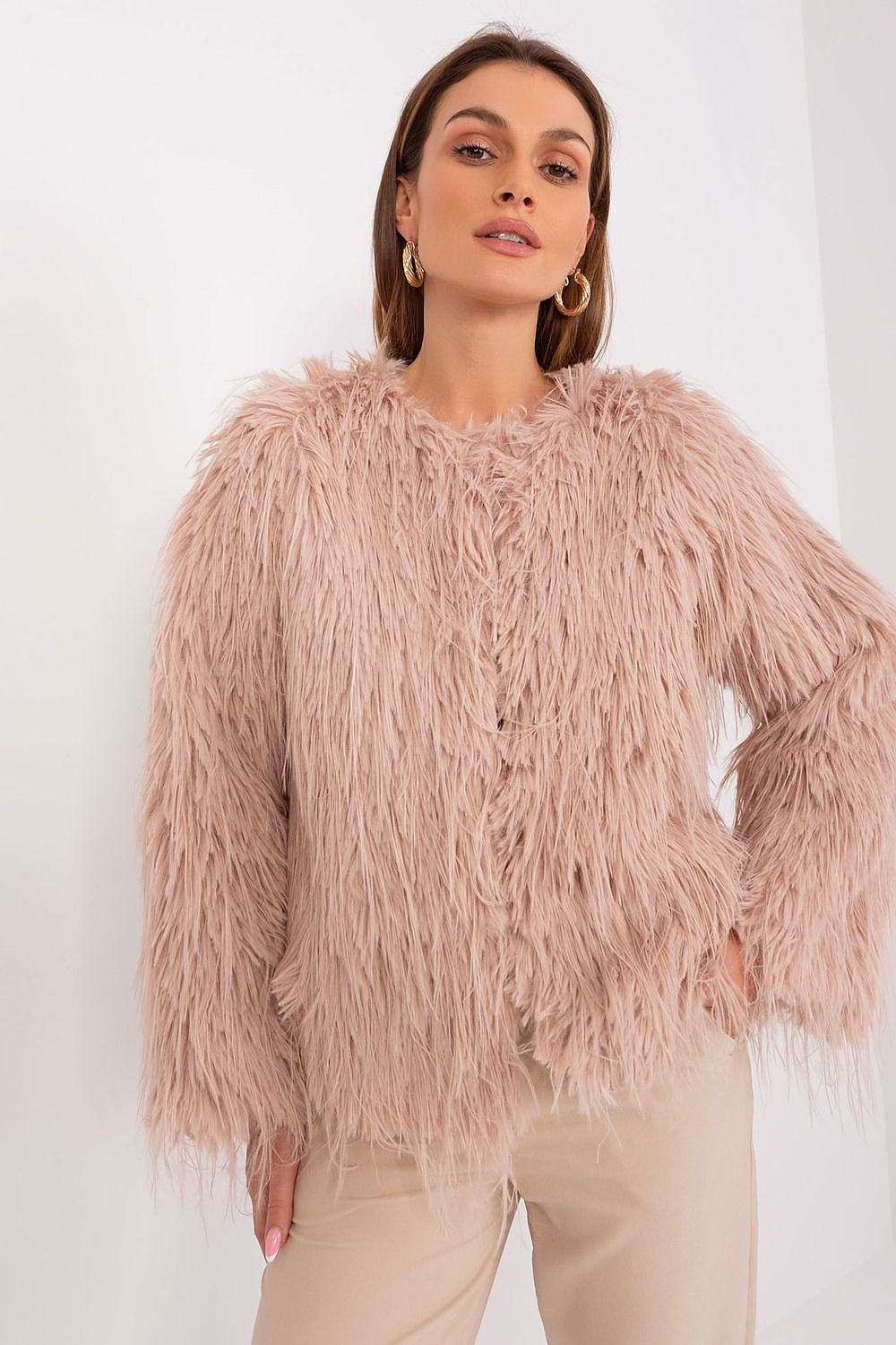 Hook Closure Furry Long Sleeve Jacket