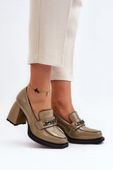 Insole Elegant Block Heel Leather Pumps with Chain Detail