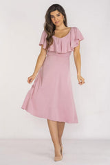 Elastic Waist Ruffle Neckline Midi Dress