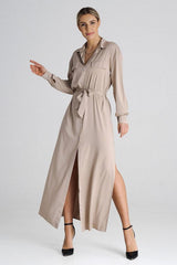 Collared Button Cuffs Maxi Shirt Dress