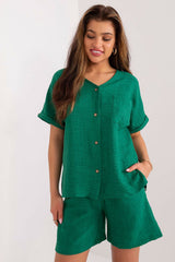 High Waisted V-Neck Short Sleeves Shorts Set