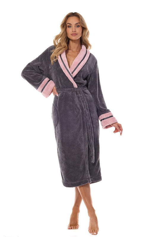 Full Length Cozy Bathrobe - Grey with Pink Trim