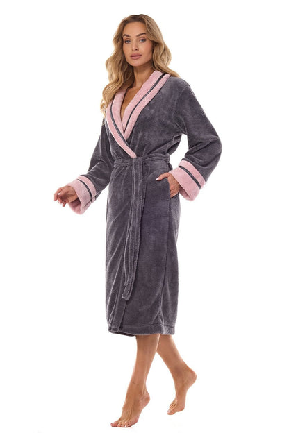 Full Length Cozy Bathrobe - Grey with Pink Trim