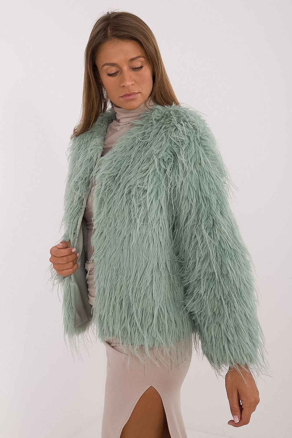 Hook Closure Furry Long Sleeve Jacket