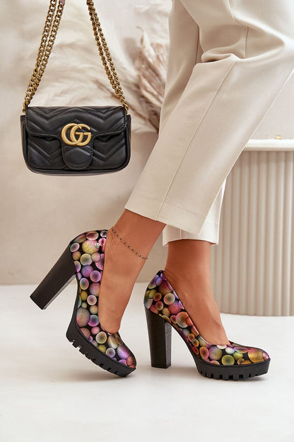 Leather Circle Pattern Block Heel Pumps