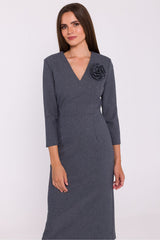 Elegant V-Neck Midi Pencil Dress with Floral Detail