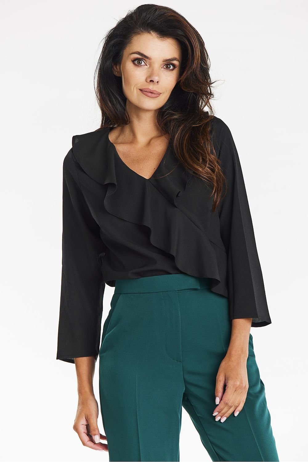 V-Neck 3/4 Sleeve Ruffles Blouse