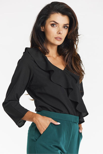 V-Neck 3/4 Sleeve Ruffles Blouse