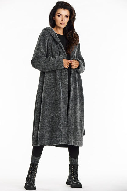 Long Hooded Coat with Button Closure