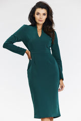 Fitted Midi Dress with V-Neckline and Long Sleeves