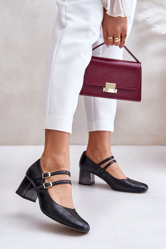 Leather Double Strap Block Heel Shoes