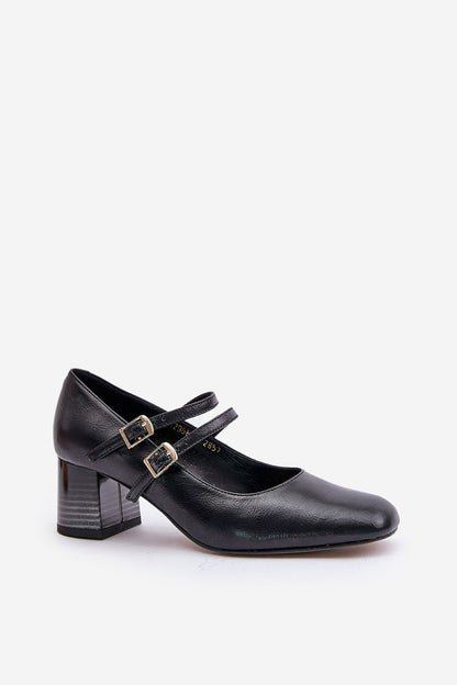 Leather Double Strap Block Heel Shoes