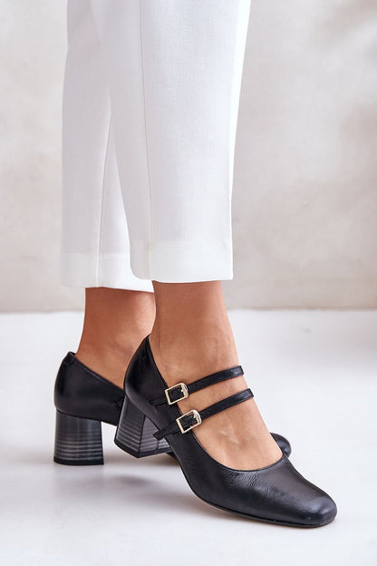 Leather Double Strap Block Heel Shoes