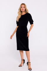 Elegant Velour Knit Waist-Defined Pencil Dress with Back Slit