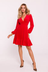 Soft Velour Knit Dress with V-Neckline and Ruffle Hem