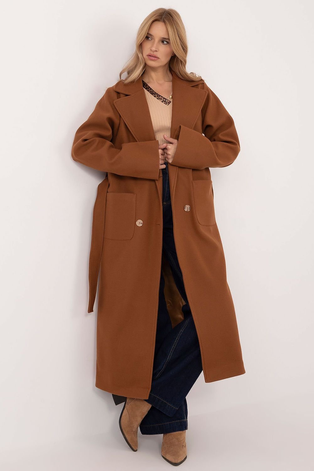Brown Wool-Blend Double-Breasted Full Length Coat