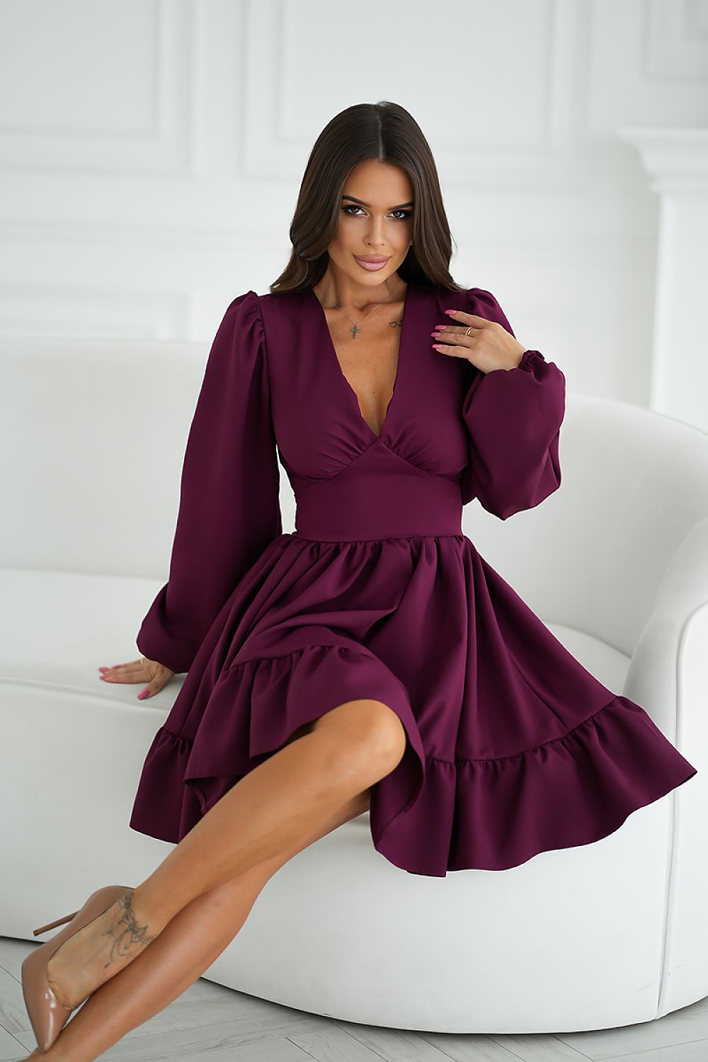 Ruffle Flared V-Neck Cocktail Dress