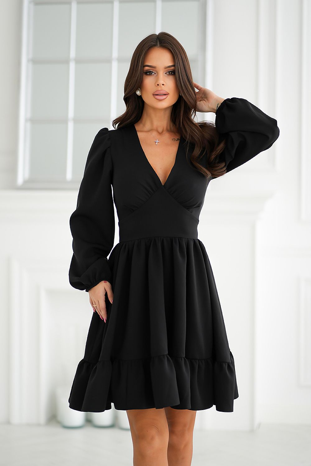 Ruffle Flared V-Neck Cocktail Dress