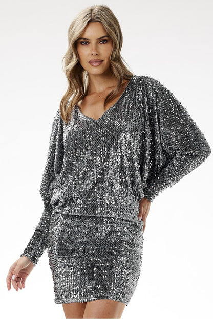 Kimono Sequin V-Neck Long Sleeve Mini Dress