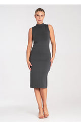 Sleeveless Fitted Midi Dress with Stand Collar