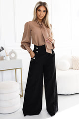Gold Button Accent Wide-Leg Trousers