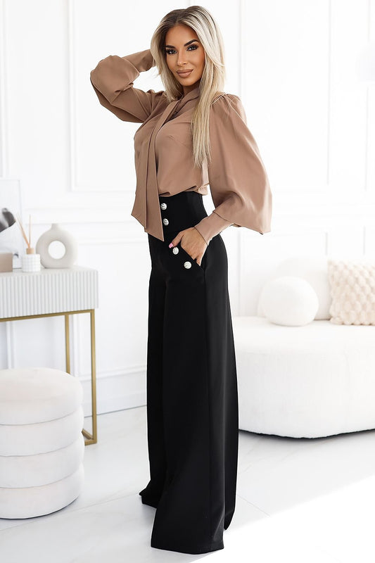 Gold Button Accent Wide-Leg Trousers