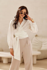 Tie Waist Blouse with Lapel Neckline