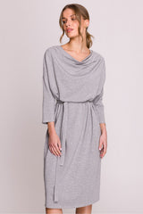 Water Neckline 3/4 Sleeve Dress with Adjustable Belt