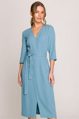 V-Neck Wrap Midi Dress with Adjustable Waist Belt