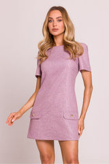 Heart-Button Trapeze Mini Dress with Puffy Sleeves