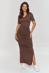 Ruched Maxi Dress with V-Neckline and Side Slit