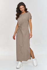 Waist-Gathered Maxi Dress with Side Slit