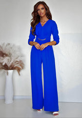 Cotton Blend V-Neck Elastic Band Waist Jumpsuit