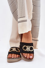 Black Eco Suede Slip On Sandals with Gold Accented Decoration