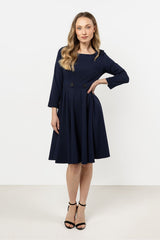 Boat Neck Flared Dress with Decorative Buttons
