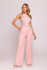 Round Neckline Lace Panels Sleeveless Jumpsuit